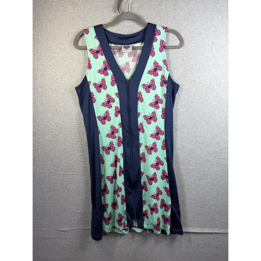 9 & Dine Dress Womens Medium Green Navy Butterfly Zip Front Tank Pockets